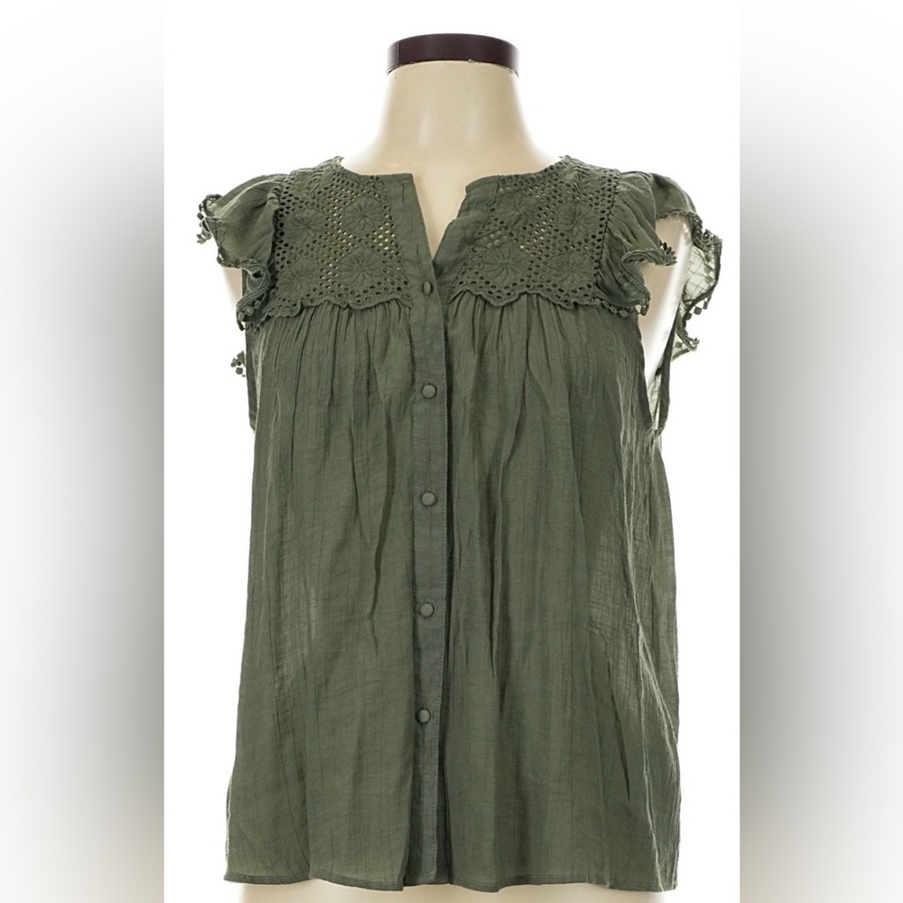 Nanette Lepore Olive Green Lace Detail Button Front Top Medium